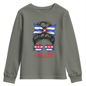 Cuba Libre Youth Sweatshirt Messy Bun Cuban Woman Sunglasses TS12 Military Green Print Your Wear