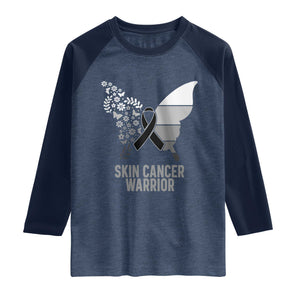 Floral Butterfly Melanoma Awarenes Raglan Shirt Black Ribbon Warrior Support Gift TS12 Heather Denim Navy Print Your Wear