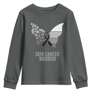 Floral Butterfly Melanoma Awarenes Youth Sweatshirt Black Ribbon Warrior Support Gift TS12 Dark Heather Print Your Wear