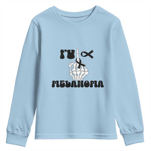 Fuck Melanoma Awareness Youth Sweatshirt Skeleton Hand Ribbon Warrior Gift TS12 Light Blue Print Your Wear