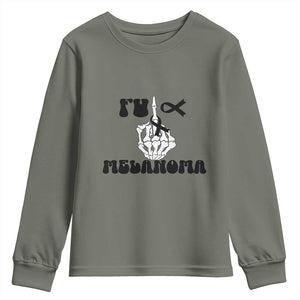 Fuck Melanoma Awareness Youth Sweatshirt Skeleton Hand Ribbon Warrior Gift TS12 Military Green Print Your Wear