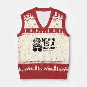 My Wife Is A Warrior V-Neck Knit Sweater Vest Melanoma Awareness Husband Gift TS12 Beige Red Print Your Wear
