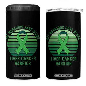 All Warriors Have Scars Liver Cancer 4 in 1 Can Cooler Tumbler Green Ribbon Survivor Fighter Gift