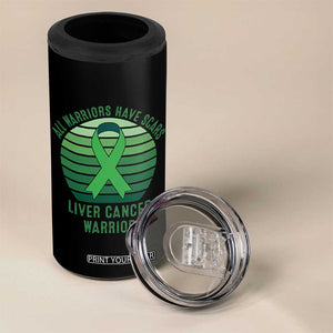 All Warriors Have Scars Liver Cancer 4 in 1 Can Cooler Tumbler Green Ribbon Survivor Fighter Gift