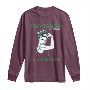 Liver Cancer Warrior Woman Gift Long Sleeve Shirt Too Tough For Cancer Im A Survivor