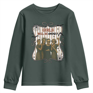 Halloween Feminist Youth Sweatshirt Girls Will Be Ghouls Women Empowerment TS12 Dark Forest Green Print Your Wear