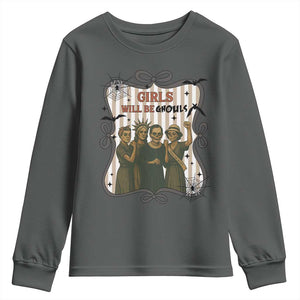 Halloween Feminist Youth Sweatshirt Girls Will Be Ghouls Women Empowerment TS12 Dark Heather Print Your Wear