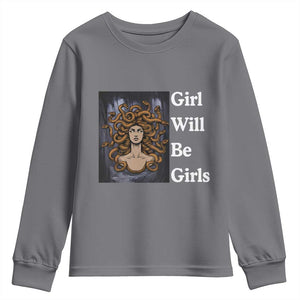 Girl Will Be Girls Youth Sweatshirt Medusa Mythology Feminist Women TS12 Charcoal Print Your Wear
