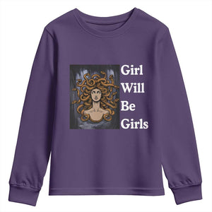 Girl Will Be Girls Youth Sweatshirt Medusa Mythology Feminist Women TS12 Purple Print Your Wear