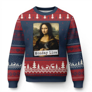Monday Lisa Coffee Lover Ugly Christmas Sweater Funny Mona Lisa Art Parody Graphic Tired Work