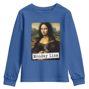 Monday Lisa Coffee Lover Youth Sweatshirt Funny Mona Lisa Art Parody Graphic Tired Work