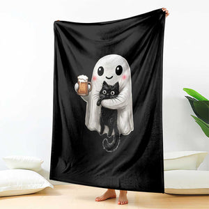 Funny Halloween Throw Blanket Cute Ghost Holding Black Cat Drinking Beer