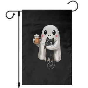 Funny Halloween Garden Flag Cute Ghost Holding Black Cat Drinking Beer