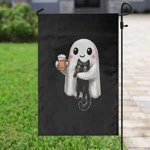 Funny Halloween Garden Flag Cute Ghost Holding Black Cat Drinking Beer