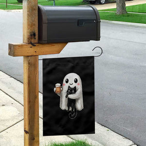 Funny Halloween Garden Flag Cute Ghost Holding Black Cat Drinking Beer
