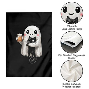 Funny Halloween Garden Flag Cute Ghost Holding Black Cat Drinking Beer
