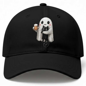 Funny Halloween Baseball Cap Cute Ghost Holding Black Cat Drinking Beer