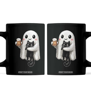 Funny Halloween Coffee Mug Cute Ghost Holding Black Cat Drinking Beer