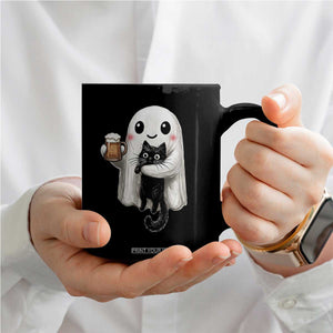 Funny Halloween Coffee Mug Cute Ghost Holding Black Cat Drinking Beer
