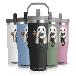Funny Halloween Flip Straw Tumbler Cute Ghost Holding Black Cat Drinking Beer