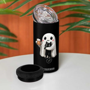 Funny Halloween 4 in 1 Can Cooler Tumbler Cute Ghost Holding Black Cat Drinking Beer