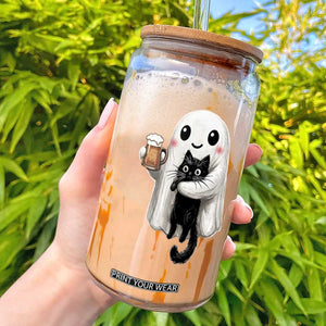 Funny Halloween Glass Can Cute Ghost Holding Black Cat Drinking Beer
