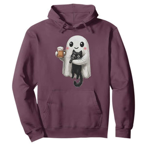 Funny Halloween Hoodie Cute Ghost Holding Black Cat Drinking Beer