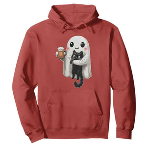 Funny Halloween Hoodie Cute Ghost Holding Black Cat Drinking Beer