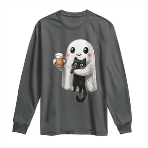 Funny Halloween Long Sleeve Shirt Cute Ghost Holding Black Cat Drinking Beer