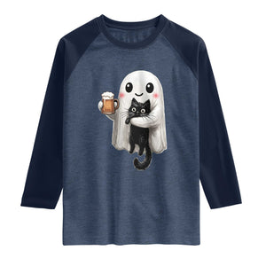 Funny Halloween Raglan Shirt Cute Ghost Holding Black Cat Drinking Beer