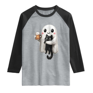Funny Halloween Raglan Shirt Cute Ghost Holding Black Cat Drinking Beer