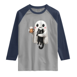 Funny Halloween Raglan Shirt Cute Ghost Holding Black Cat Drinking Beer