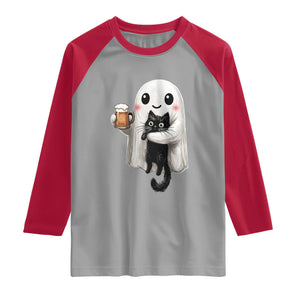 Funny Halloween Raglan Shirt Cute Ghost Holding Black Cat Drinking Beer