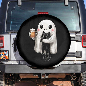 Funny Halloween Spare Tire Cover Cute Ghost Holding Black Cat Drinking Beer