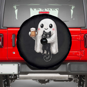 Funny Halloween Spare Tire Cover Cute Ghost Holding Black Cat Drinking Beer