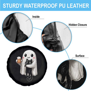 Funny Halloween Spare Tire Cover Cute Ghost Holding Black Cat Drinking Beer