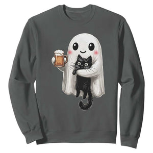 Funny Halloween Sweatshirt Cute Ghost Holding Black Cat Drinking Beer