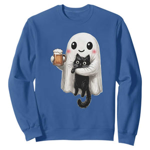 Funny Halloween Sweatshirt Cute Ghost Holding Black Cat Drinking Beer
