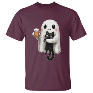 Funny Halloween T Shirt Cute Ghost Holding Black Cat Drinking Beer