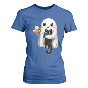 Funny Halloween T Shirt For Women Cute Ghost Holding Black Cat Drinking Beer
