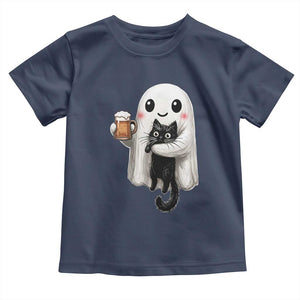 Funny Halloween Toddler T Shirt Cute Ghost Holding Black Cat Drinking Beer