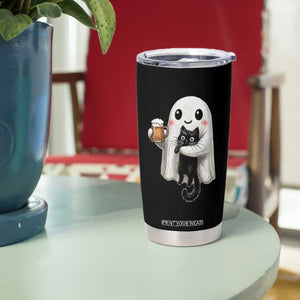 Funny Halloween Tumbler Cup Cute Ghost Holding Black Cat Drinking Beer