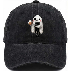 Funny Halloween Washed Cotton Baseball Cap Cute Ghost Holding Black Cat Drinking Beer