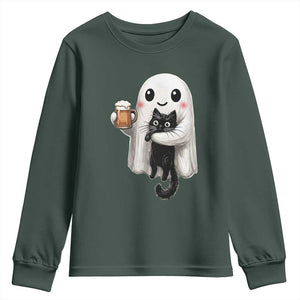 Funny Halloween Youth Sweatshirt Cute Ghost Holding Black Cat Drinking Beer