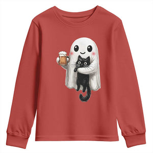 Funny Halloween Youth Sweatshirt Cute Ghost Holding Black Cat Drinking Beer