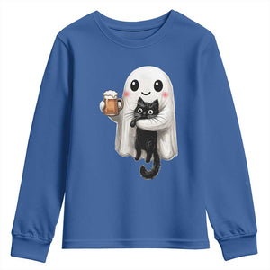 Funny Halloween Youth Sweatshirt Cute Ghost Holding Black Cat Drinking Beer