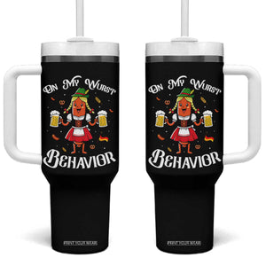 Funny Oktoberfest Sausage Dirndl German Beer Tumbler With Handle On My Wurst Behavior