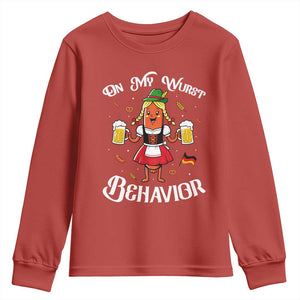 Funny Oktoberfest Sausage Dirndl German Beer Youth Sweatshirt On My Wurst Behavior