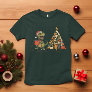 Christmas Dinosaur Knitting T Shirt Funny Yarn Tree Gift TS12 Dark Forest Green Print Your Wear
