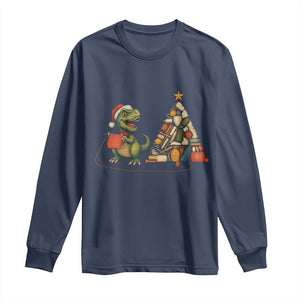 Christmas Dinosaur Knitting Long Sleeve Shirt Funny Yarn Tree Gift TS12 Navy Print Your Wear
